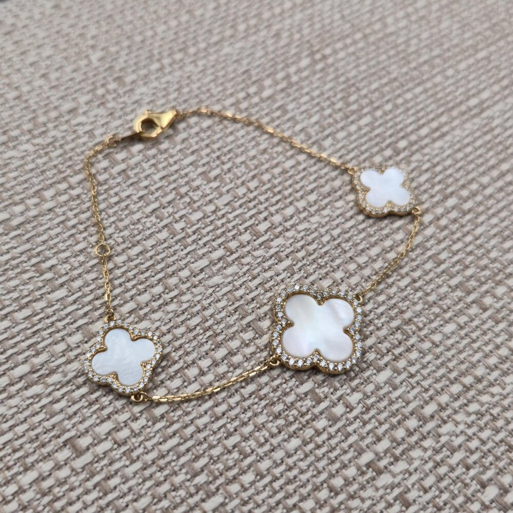 7.5 Inch Gold Over Sterling Silver White Shell And Cubic Zirconia Bracelet A6309 - Picture 2 of 7